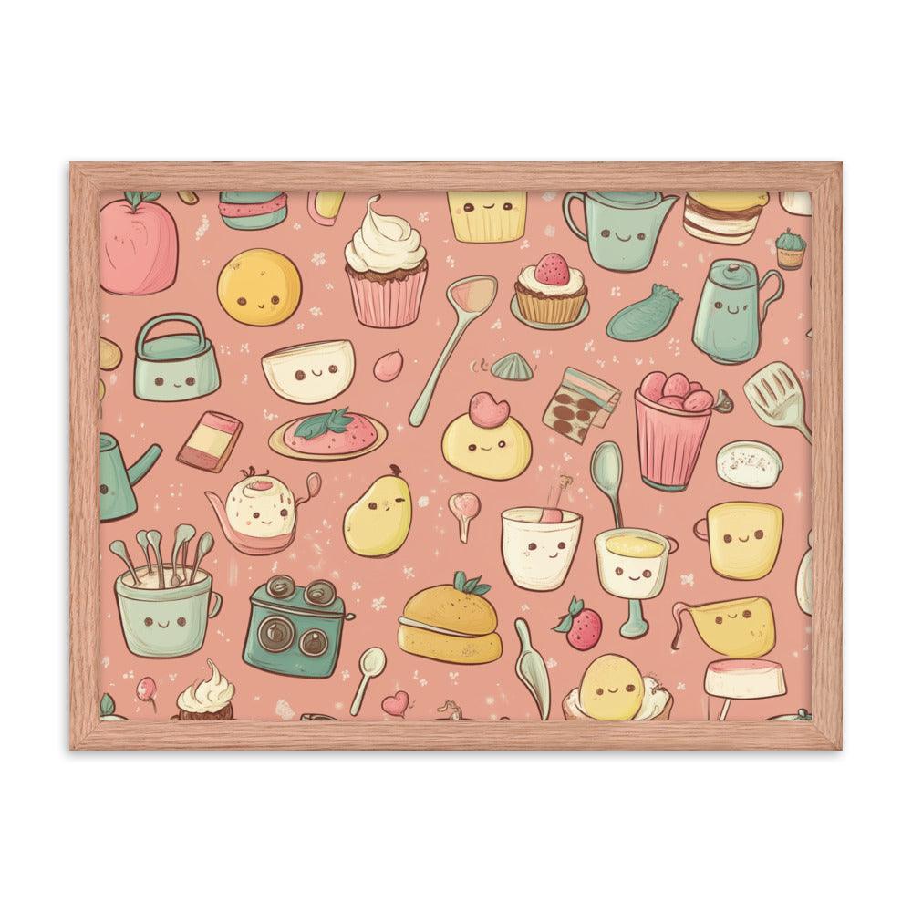 Kawaii Food and Kitchen Utensils Cute Doodle Pattern Framed Poster - Oh Posters