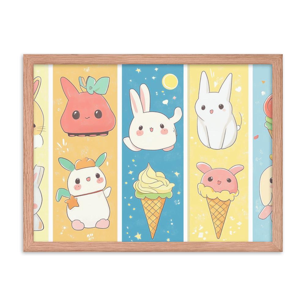 Kawaii Bunnies and Ice Cream Cute Character Strip Digital Art Framed Poster - Oh Posters