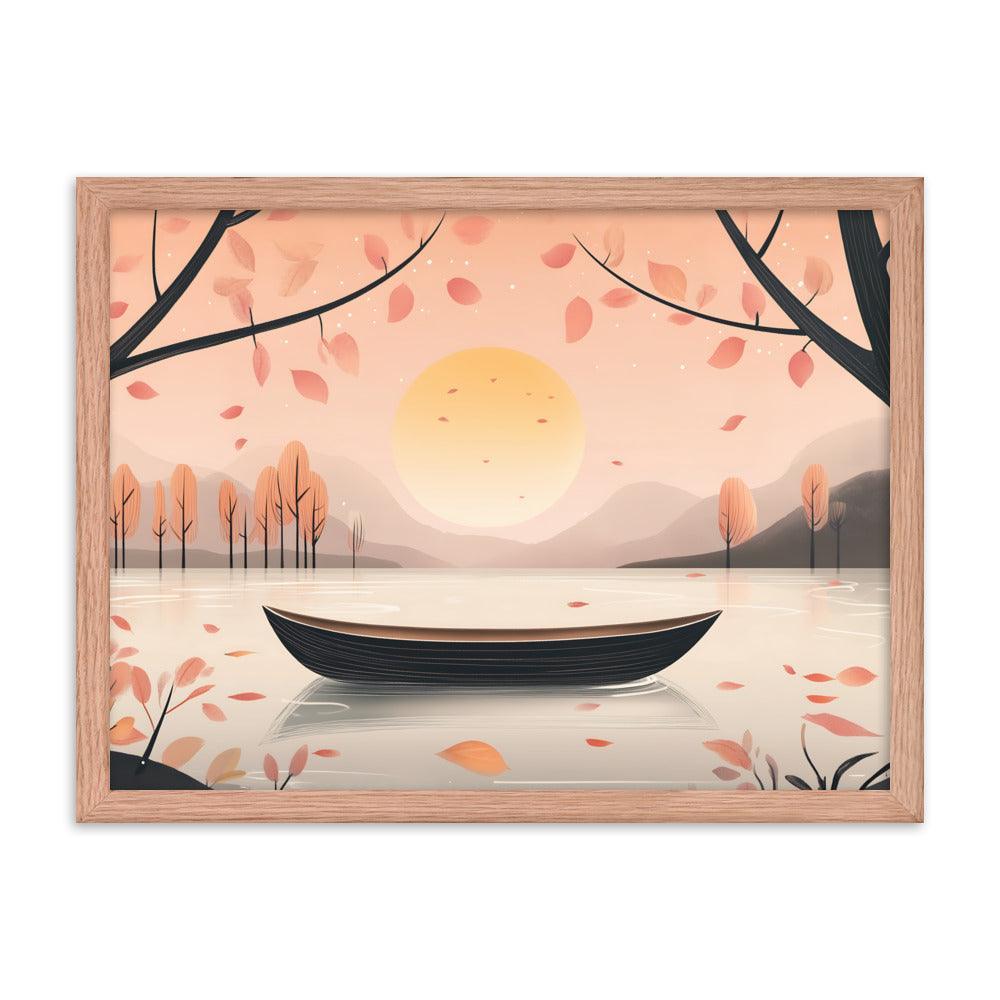 Peaceful Autumn Lake Scene with Soft Sunset and Falling Leaves Framed Poster - Oh Posters