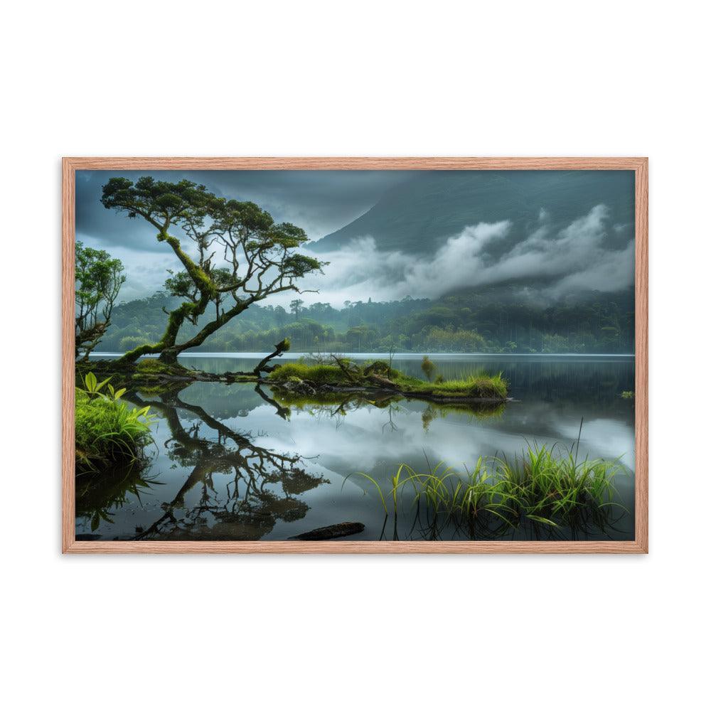 Indonesia Serene Lake Misty Mountains Framed Poster - Oh Posters