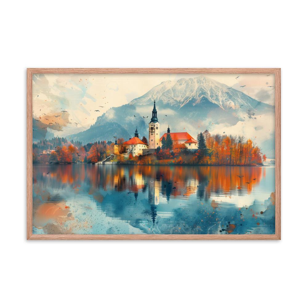 Slovenia Autumn Lakeside Church Reflection Framed Poster - Oh Posters