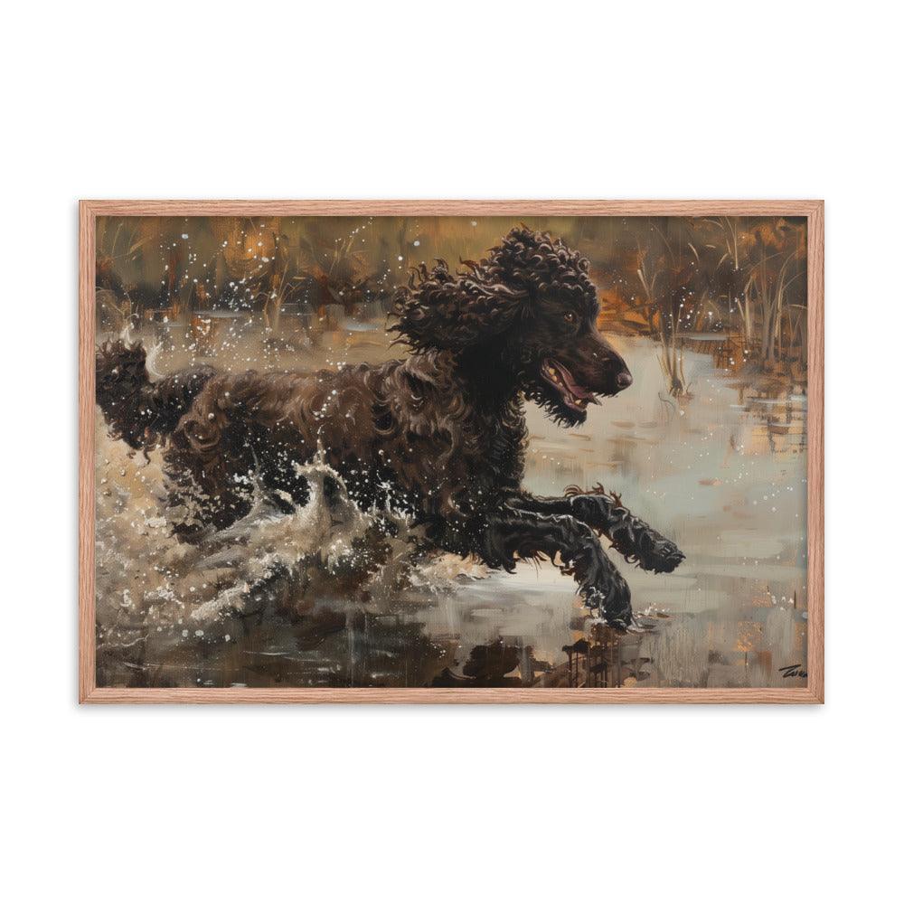 Irish Water Spaniel Splashing in Lake Art Framed Poster - Oh Posters