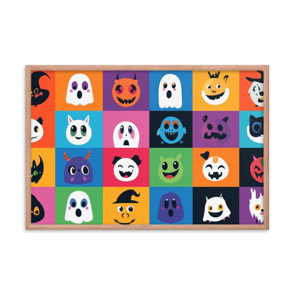 Cheerful Halloween Ghosts and Pumpkins Cartoon Faces Framed Poster - Oh Posters