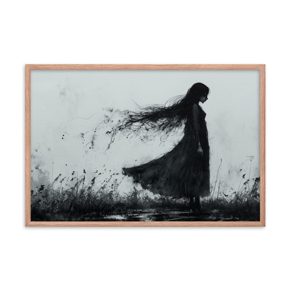 Dark Silhouette Woman in Gloomy Field Ink Illustration Framed Poster - Oh Posters