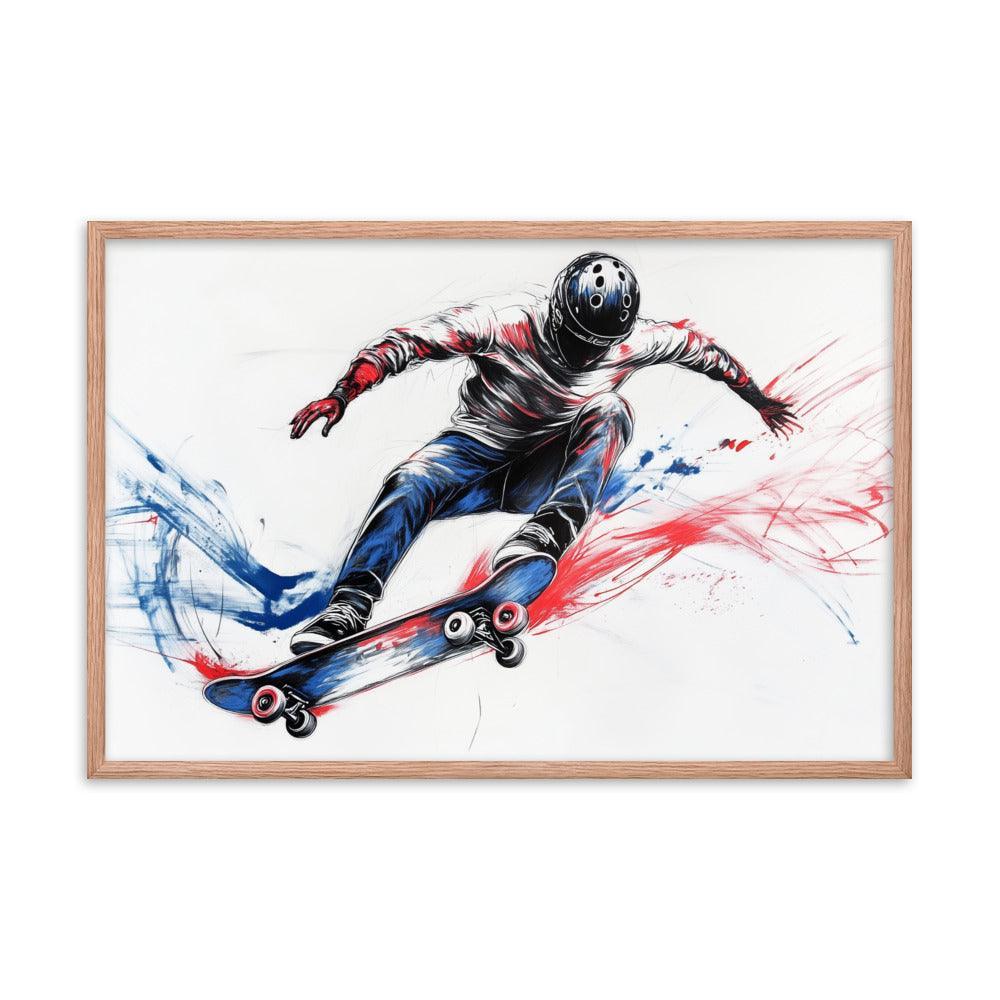 High-Energy Skateboarder with Helmet Abstract Sketch Framed Poster - Oh Posters