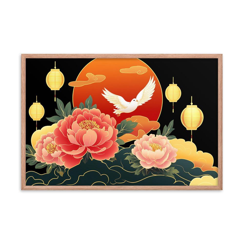 Chinese Traditional Floral Design with Lanterns and Dove Illustration Framed Poster - Oh Posters