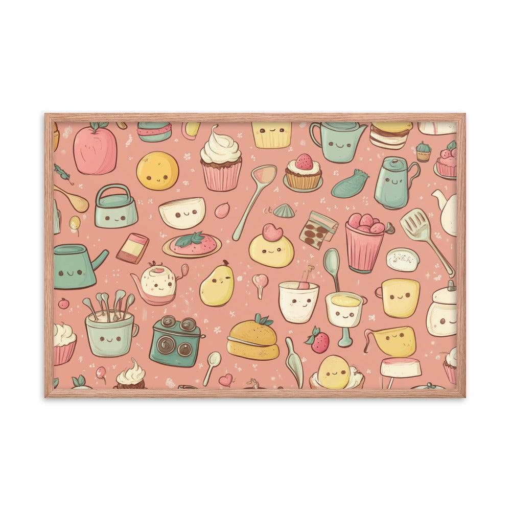 Kawaii Food and Kitchen Utensils Cute Doodle Pattern Framed Poster - Oh Posters