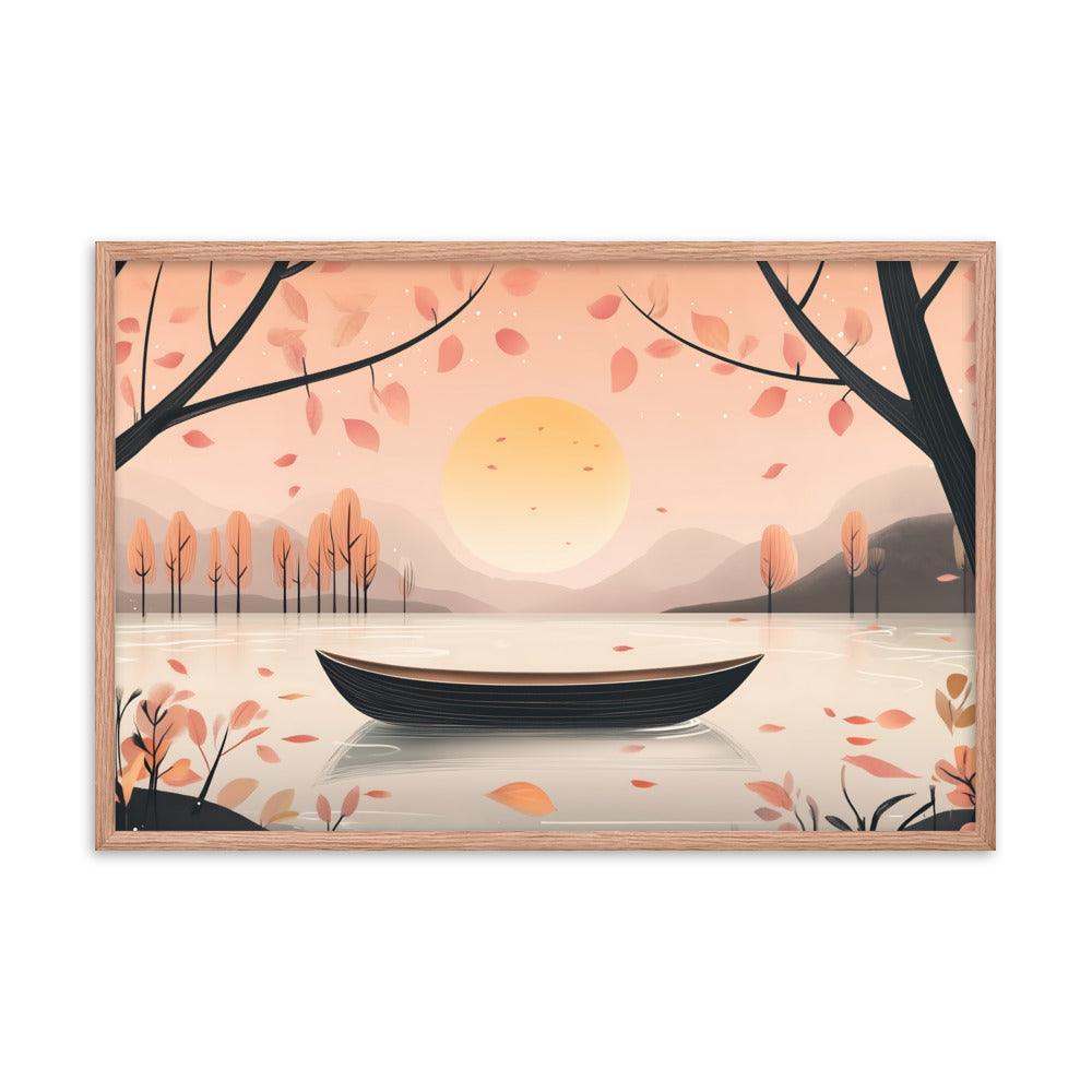 Peaceful Autumn Lake Scene with Soft Sunset and Falling Leaves Framed Poster - Oh Posters