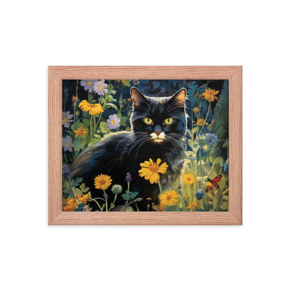 Cat in Moonlit Floral Garden Framed Poster - Oh Posters