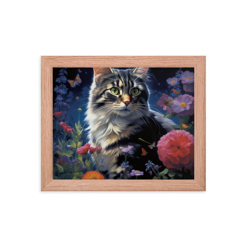 Cat in Moonlit Floral Garden Framed Poster - Oh Posters