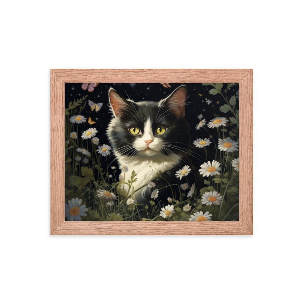 Cat in Moonlit Floral Garden Framed Poster - Oh Posters