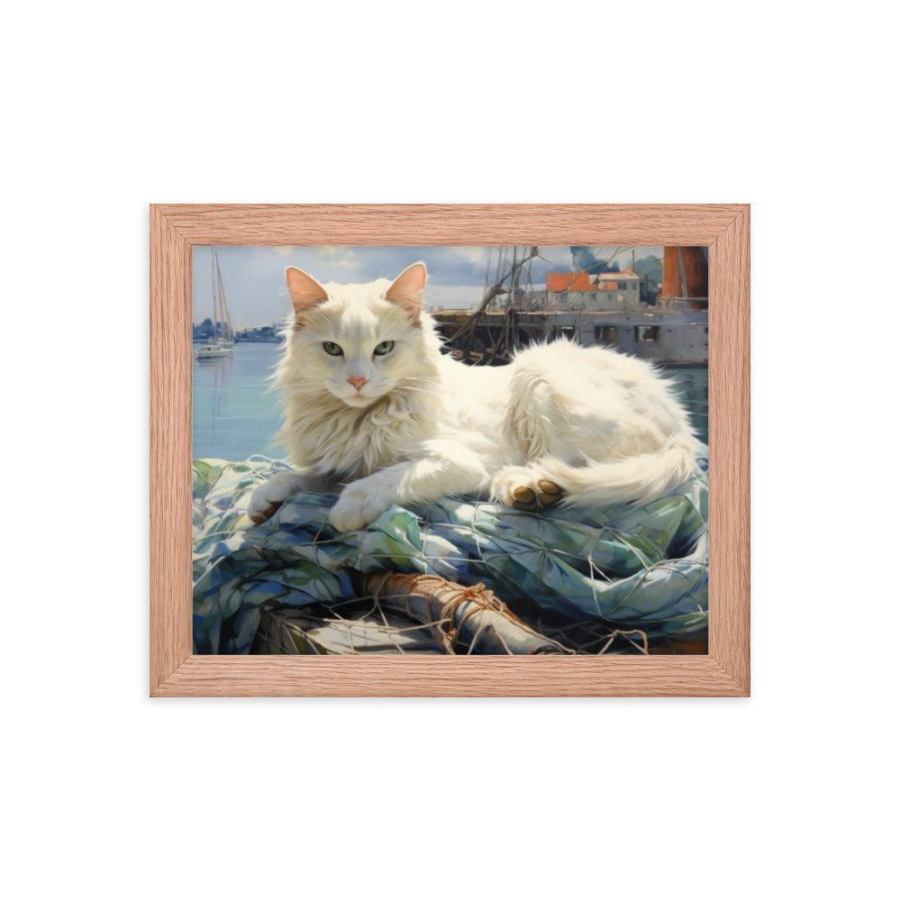 Cat Lounging at Seaside Harbor Framed Poster - Oh Posters