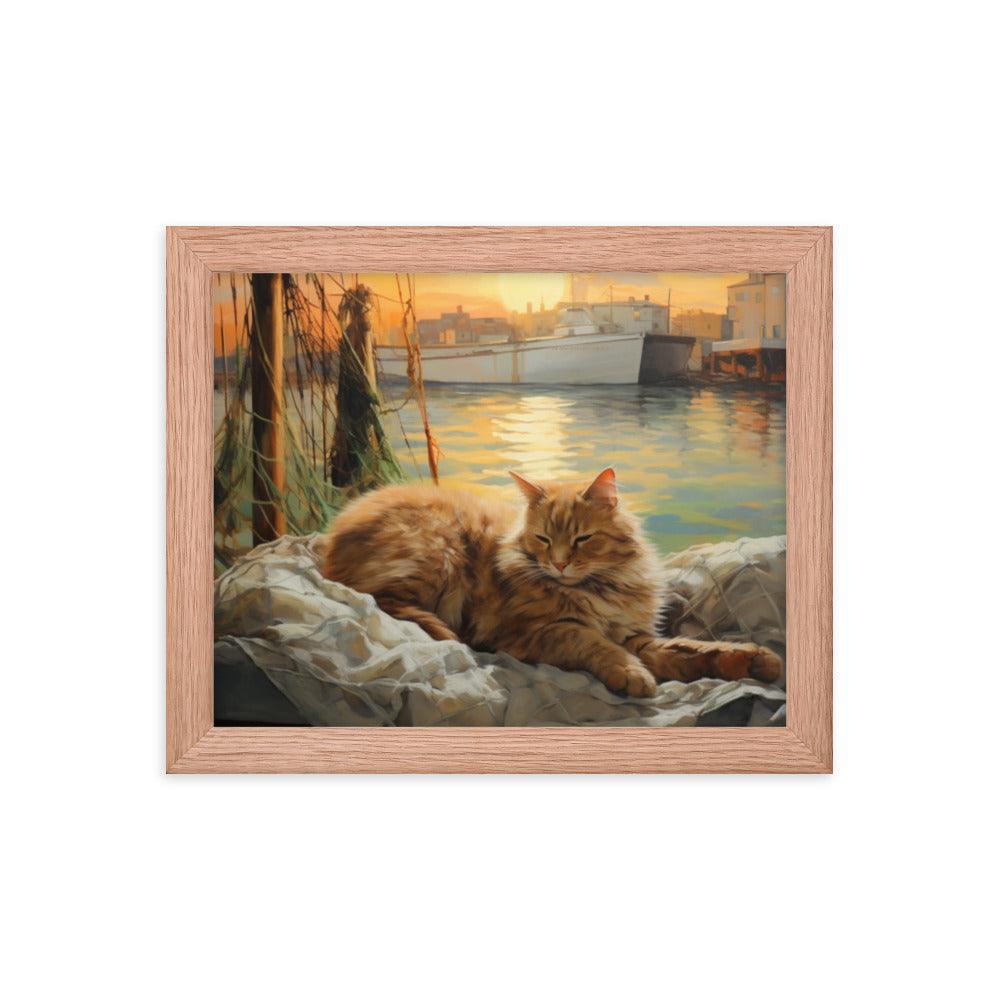 Cat Lounging at Seaside Harbor Framed Poster - Oh Posters