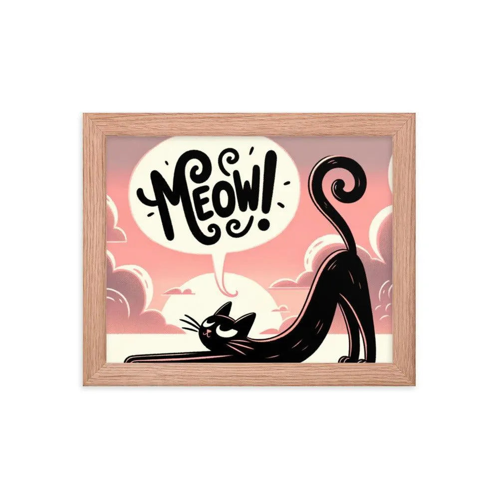 Cat Stretching Saying Meow at Sunset Framed Poster - Oh Posters