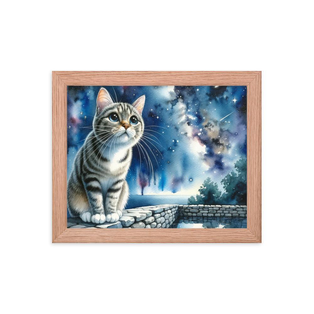 Cat on Wall under Starry Sky - Mystical Framed Poster - Oh Posters