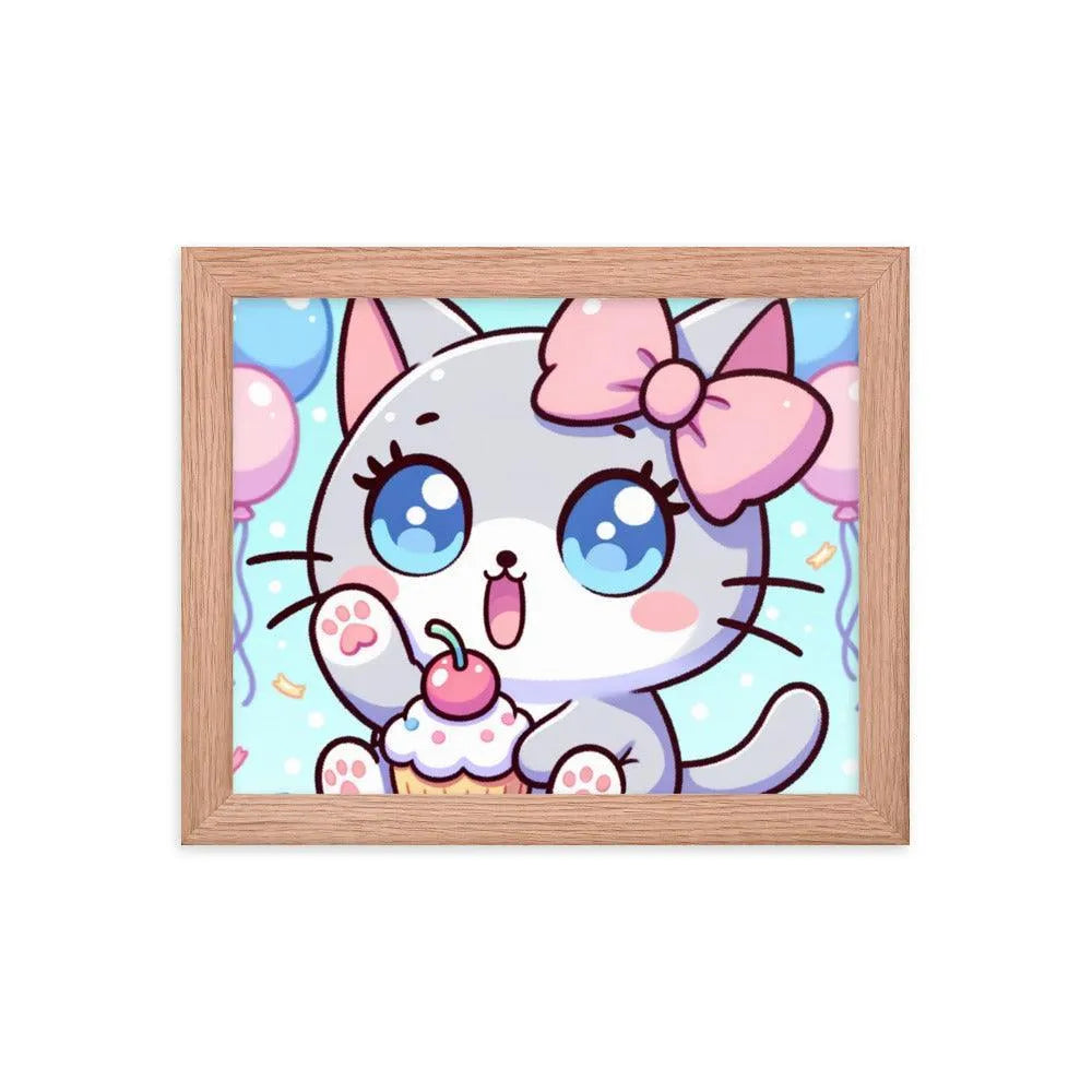 Kawaii Grey Cat with Cupcake Cute Anime Style Framed Poster - Oh Posters