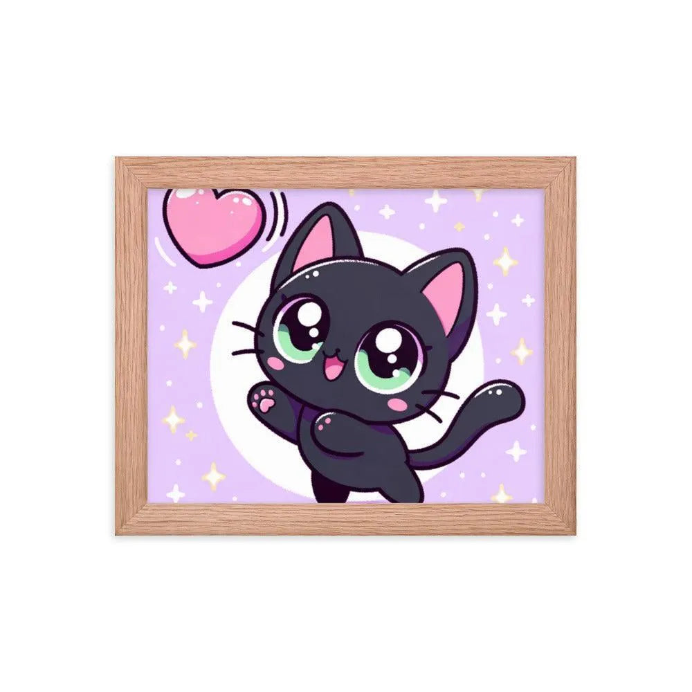 Kawaii Black Cat Heart Balloon Cute Illustration Framed Poster - Oh Posters