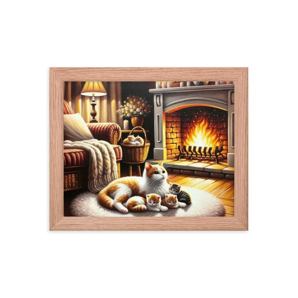 Cozy Fireplace Cat and Kittens Relaxing Art Framed Poster - Oh Posters