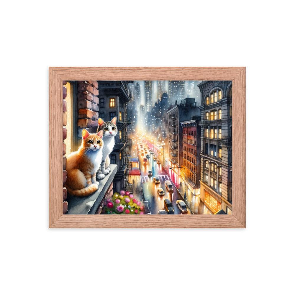 Cats on Windowsill Observing City Lights - Urban & Expressive Framed Poster - Oh Posters