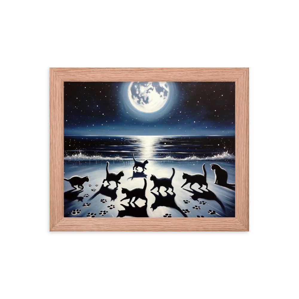 Cats Playing Tag on Moonlit Beach - Magical & Playful Framed Poster - Oh Posters