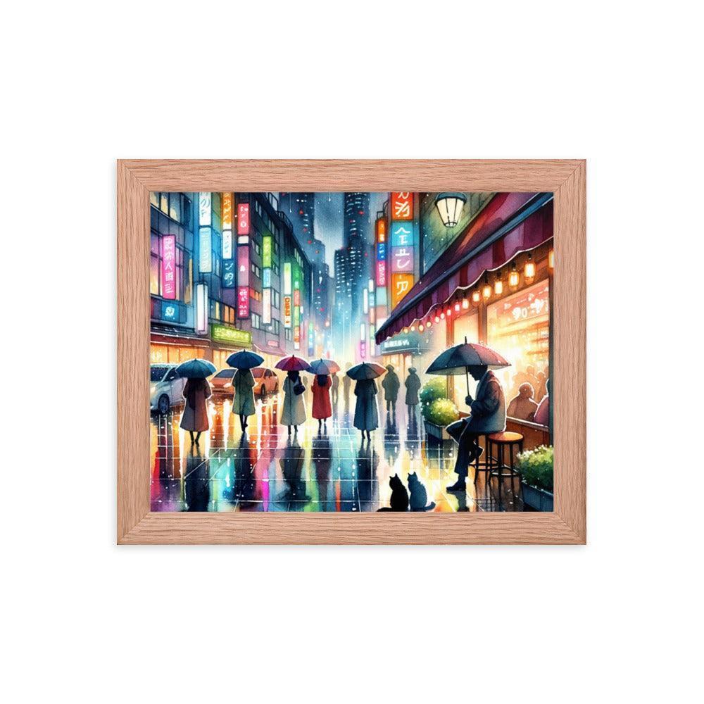 Cats Under Cafe Awning on Rainy City Evening - Atmospheric & Urban Framed Poster - Oh Posters