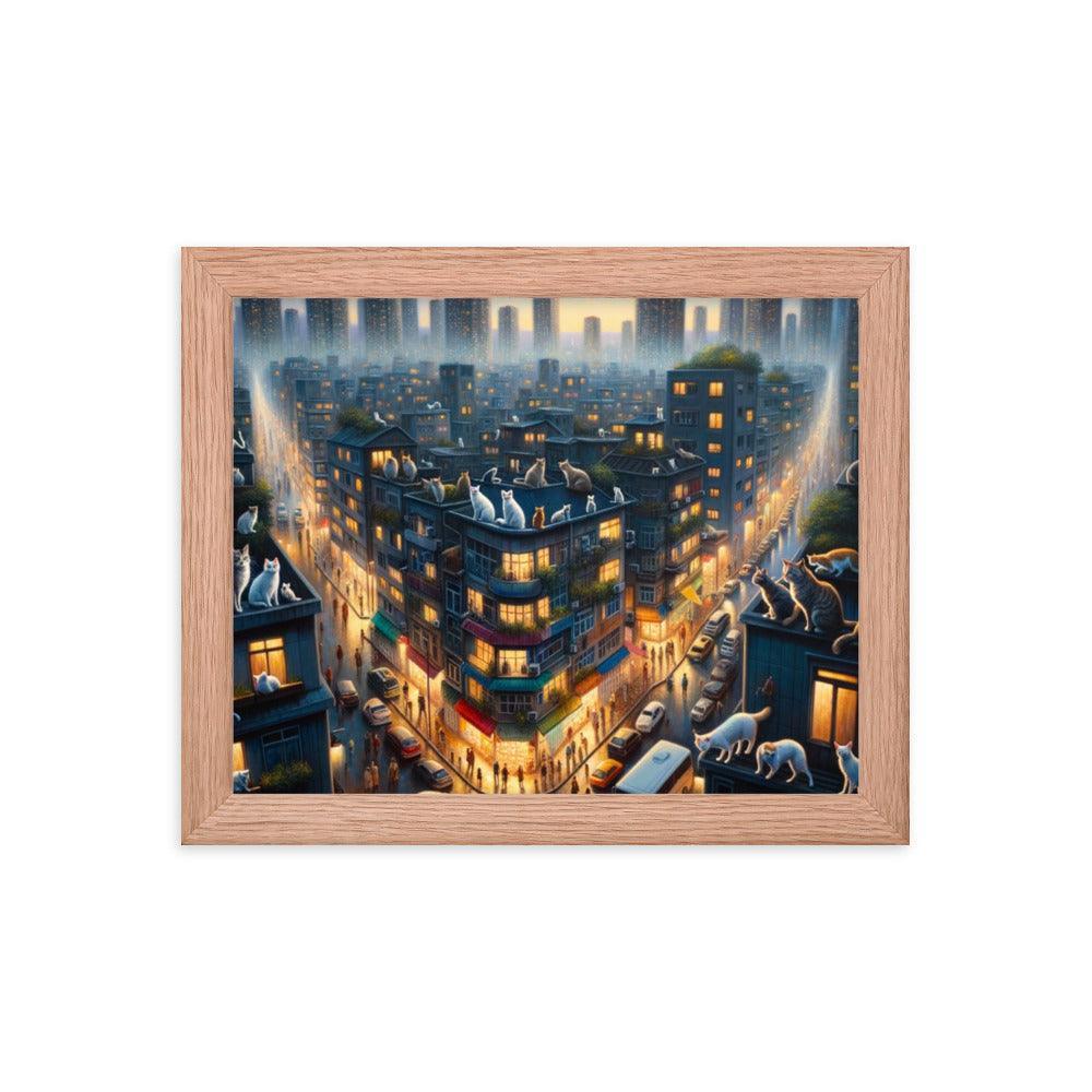 Cats' Twilight Cityscape Magical Glow Art Framed Poster - Oh Posters