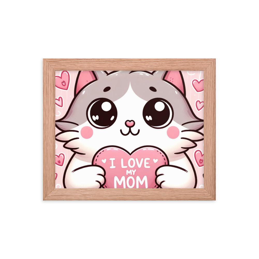 Cat Holding 'I Love My Mom' Sign on Lavender Heart Backdrop - Affectionate & Playful Framed Poster - Oh Posters