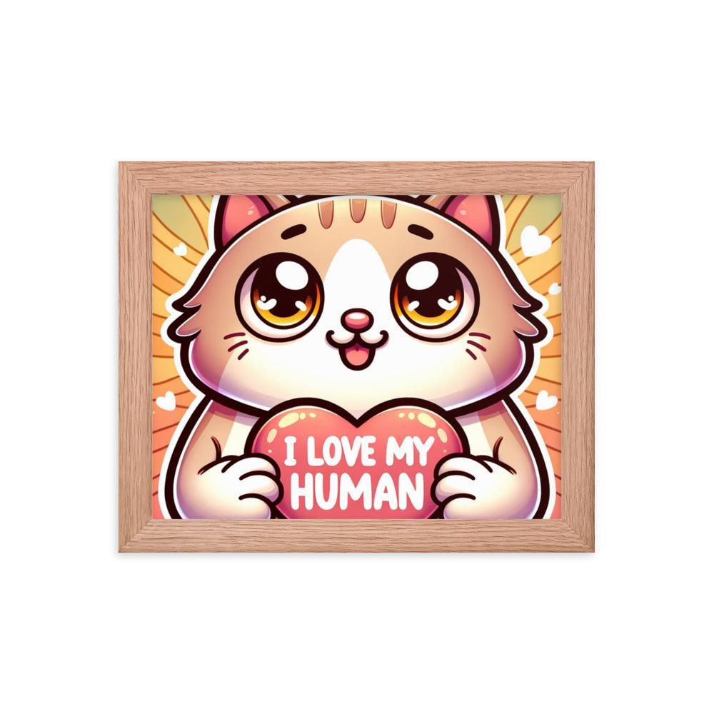 Cat with 'I Love My Human' Heart Sign on Warm Gradient - Affectionate Framed Poster - Oh Posters