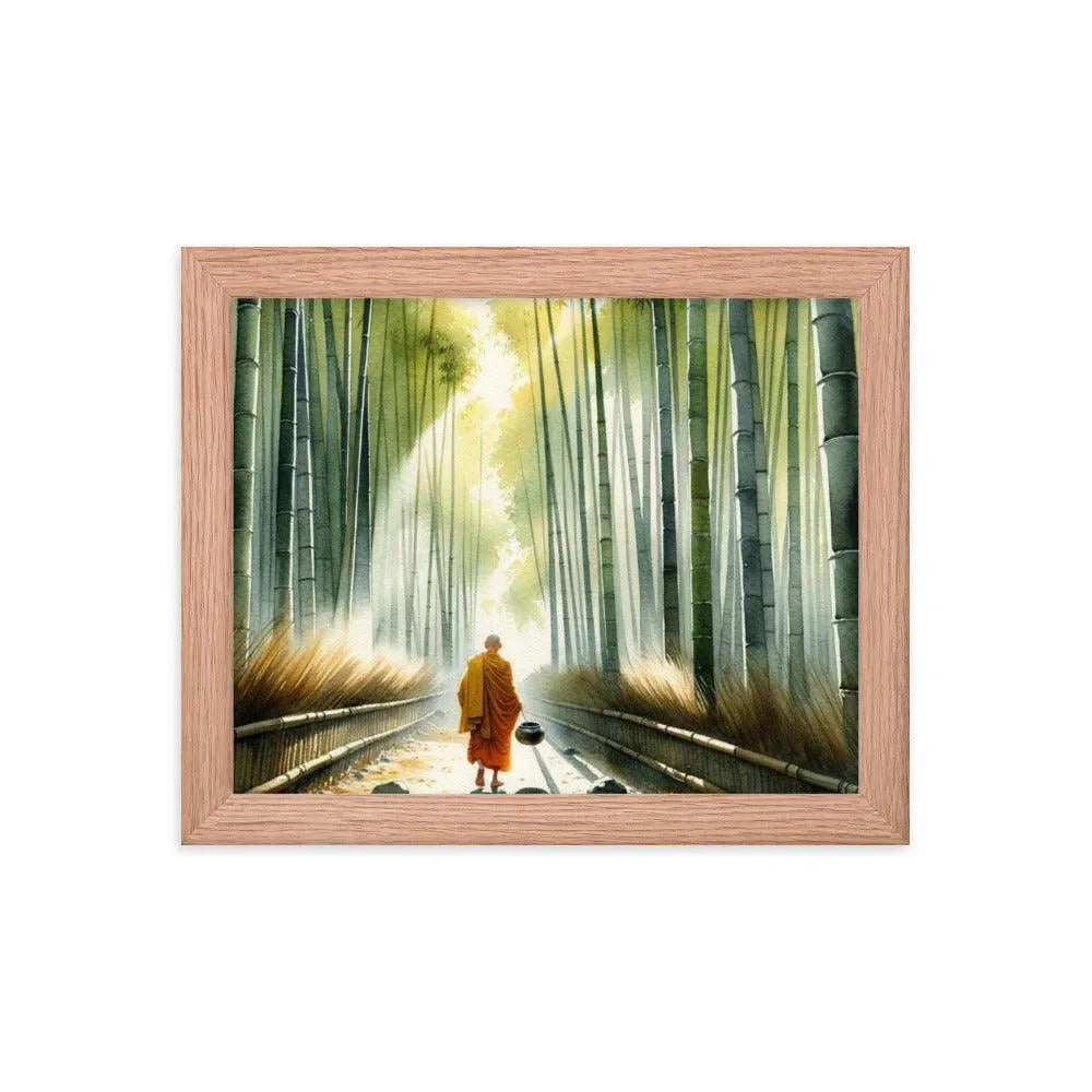 Monk in Bamboo Forest Collecting Dew - Serene Morning Reverie Framed Poster - Oh Posters