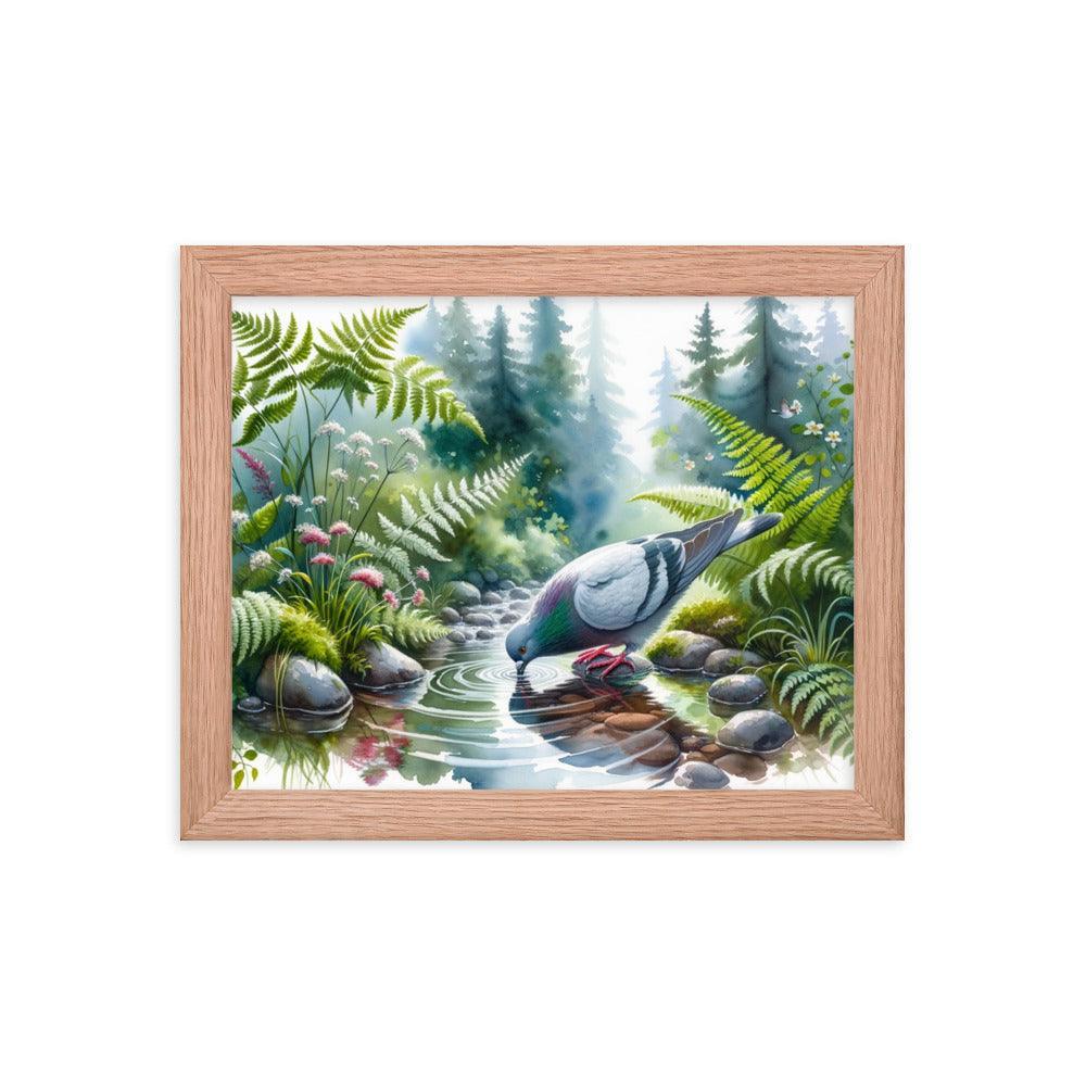 Pigeon Drinking from Forest Stream Art Framed Poster - Oh Posters