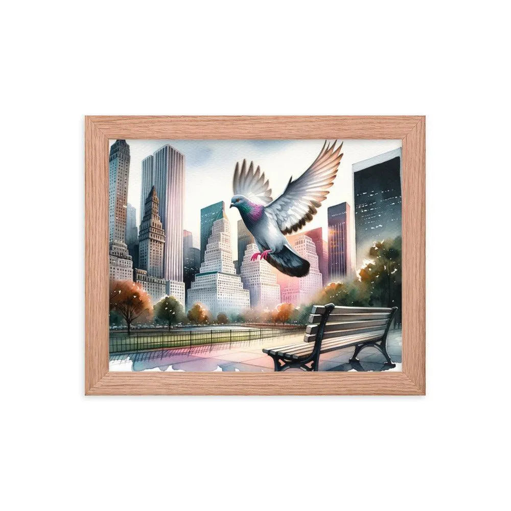 Urban Pigeon Over City Park Watercolor Illustration Framed Poster - Oh Posters