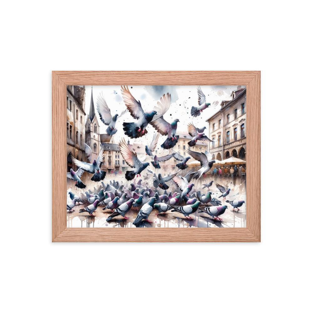 Pigeon Flock Dynamic Watercolor Cityscape Framed Poster - Oh Posters