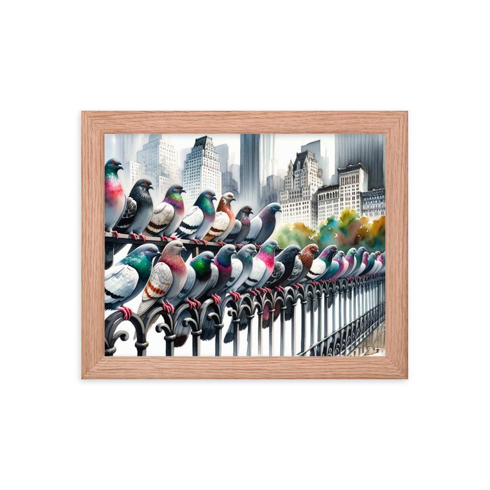 City Pigeons Flock Watercolor Skyline View Framed Poster - Oh Posters