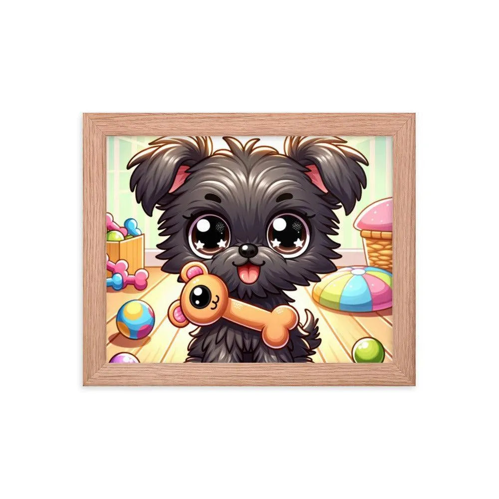 Cute Affenpinscher Puppy with Toy - Playful Charm in Cartoon Framed Poster - Oh Posters