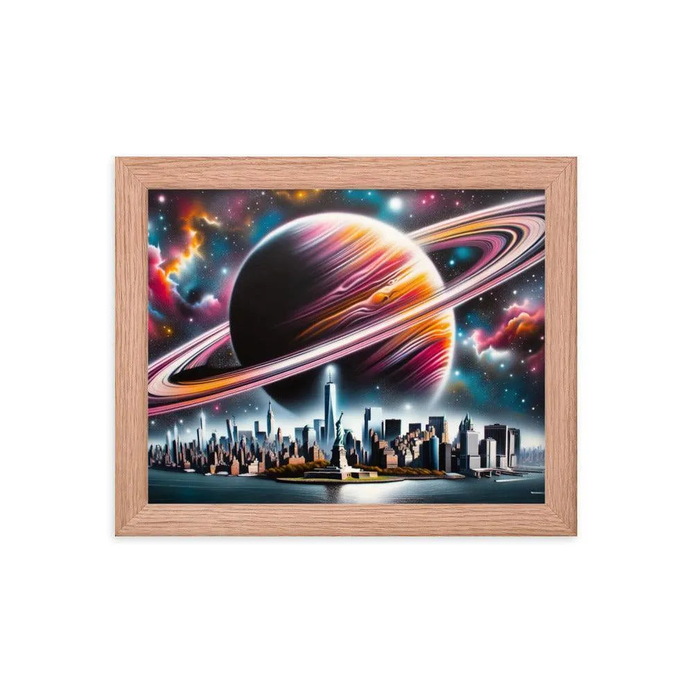 Futuristic New York City Skyline with Saturn Spray Paint Art Framed Poster - Oh Posters