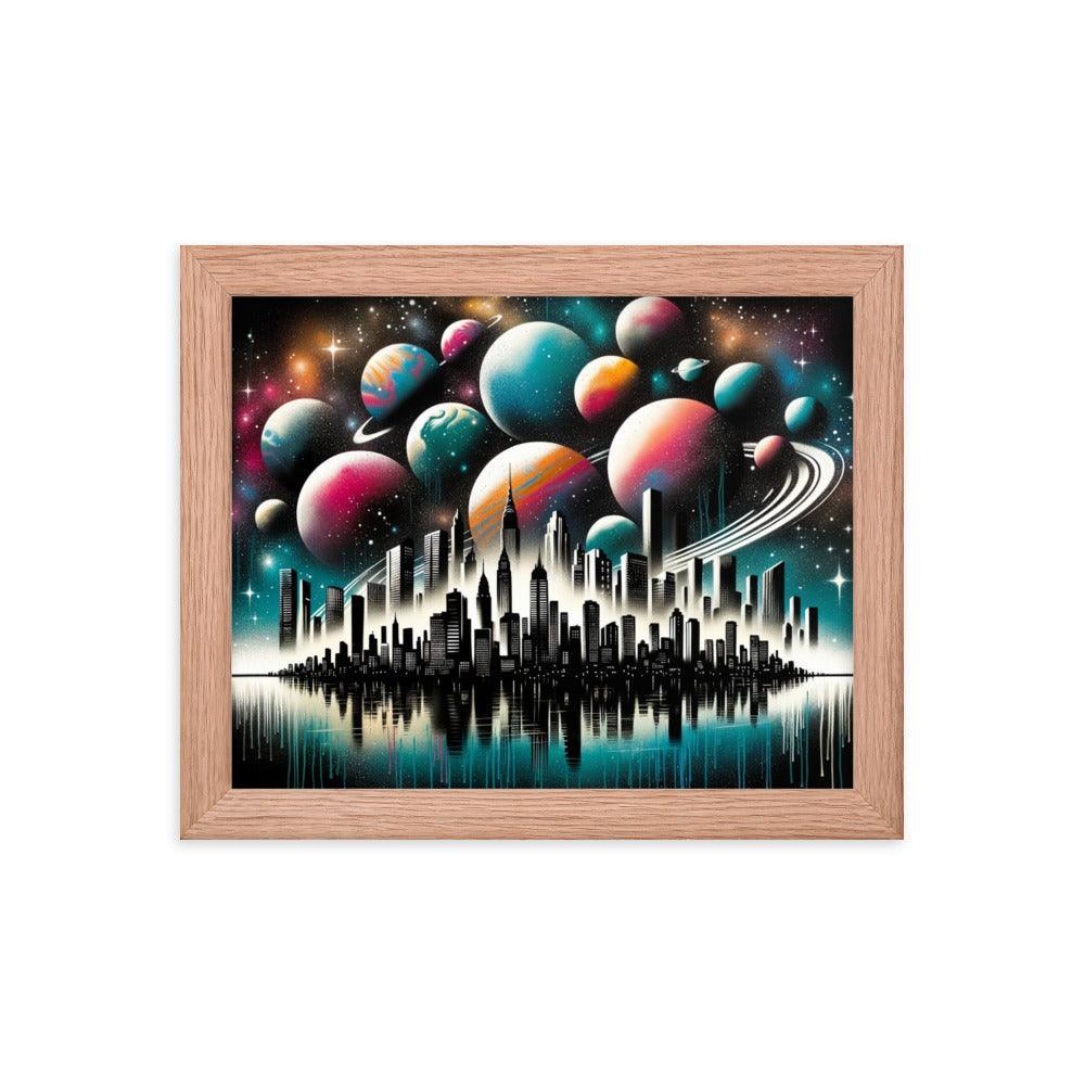 Cityscape Silhouette with Cosmic Planet Sky Spray Paint Art Framed Poster - Oh Posters