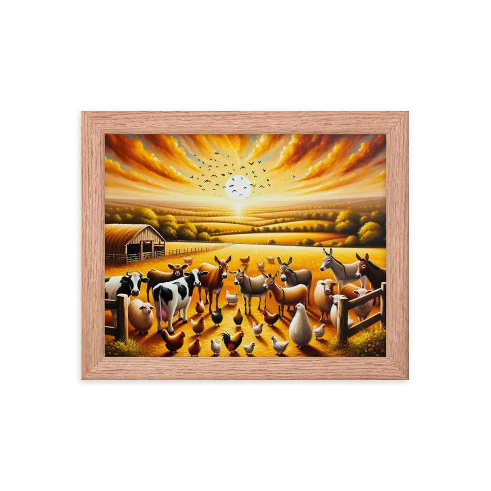 Golden Hour Farm Animals Acrylic Painting Framed Poster - Oh Posters