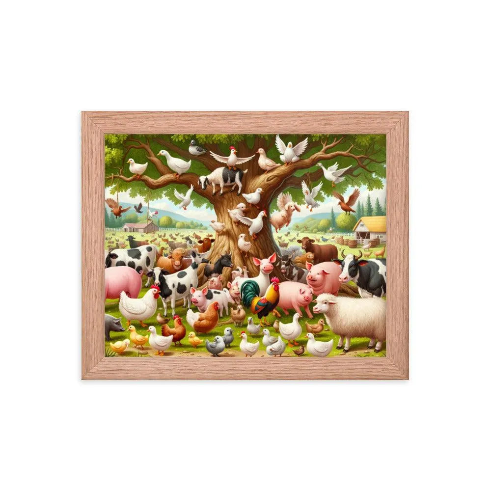 Diverse Farm Animal Gathering Illustration Framed Poster - Oh Posters