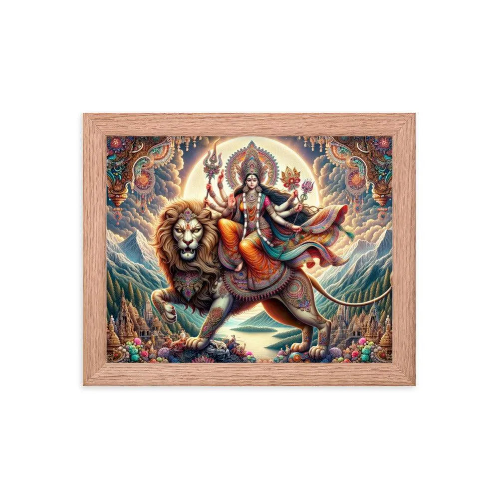 Goddess Durga on Lion Divine Hindu Art Framed Poster - Oh Posters