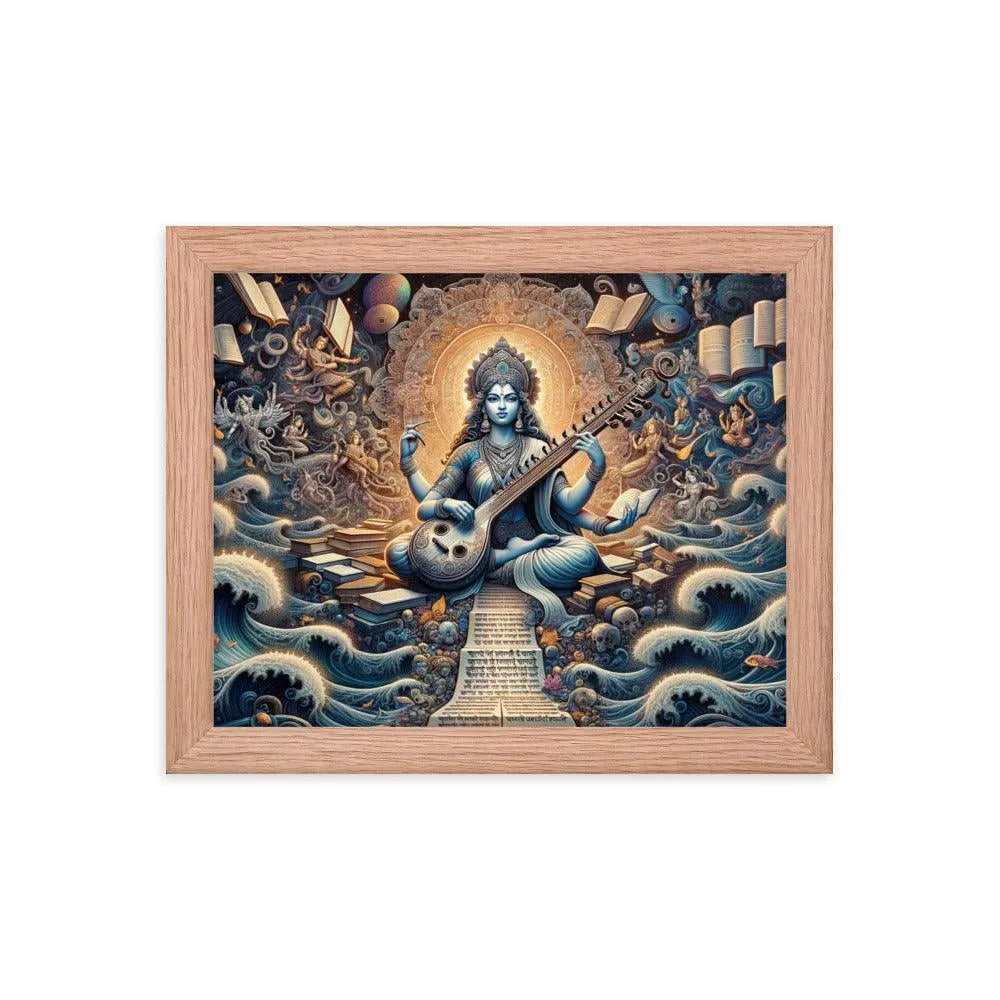 Goddess Saraswati Playing Veena amidst a Lush Landscape Hindu Artistic Framed Poster - Oh Posters