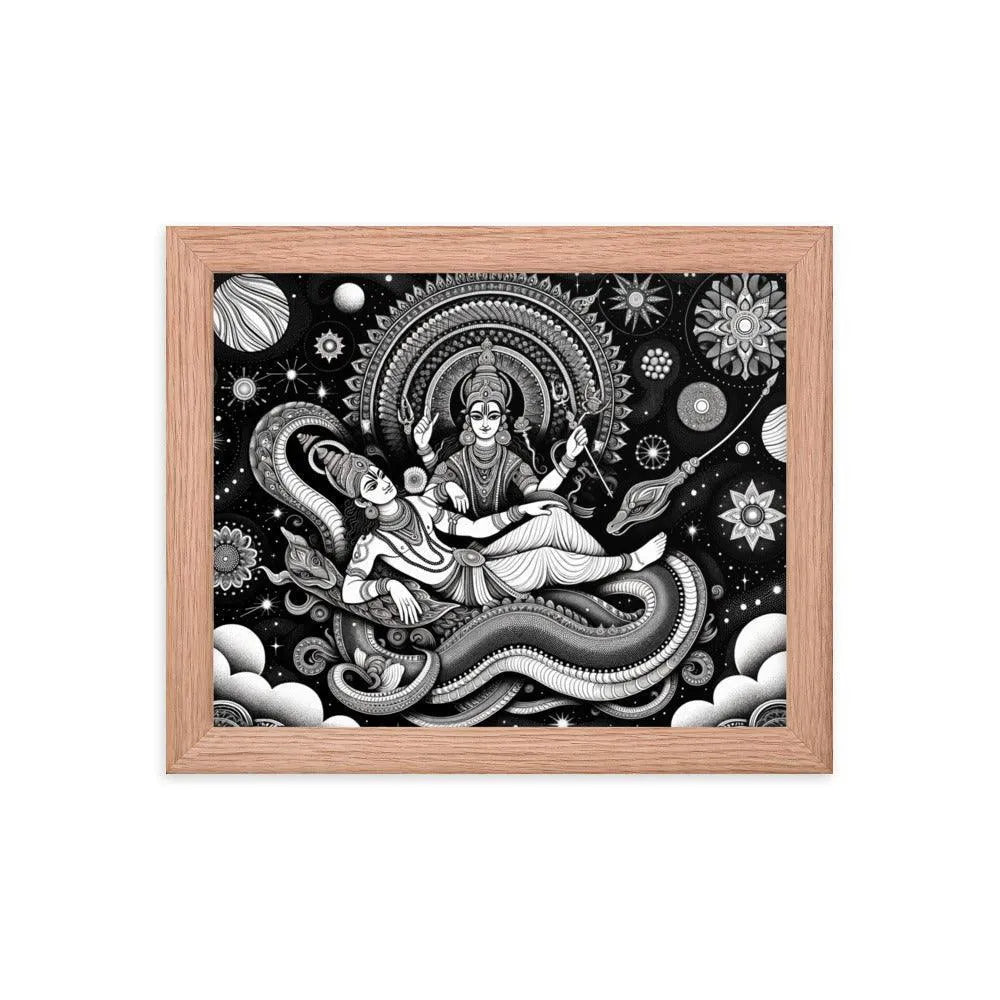 Hindu Lord Vishnu and Goddess Lakshmi Cosmic Serpent Divine Art Framed Poster - Oh Posters