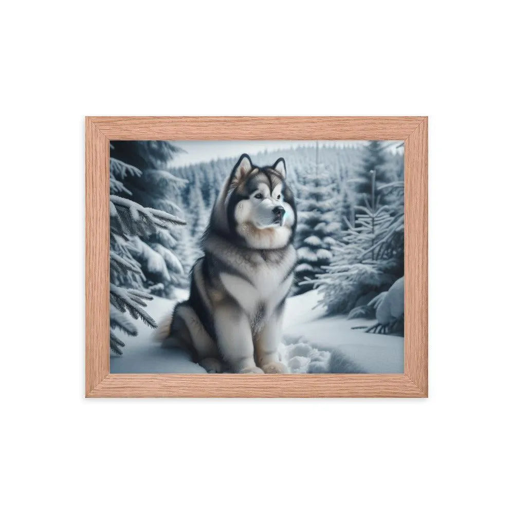 Graceful Alaskan Malamute in Wintry Forest Framed Poster - Oh Posters