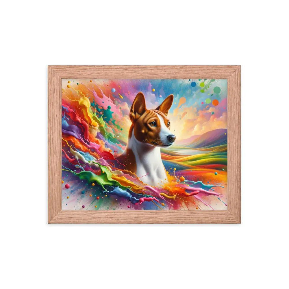 Realistic Basenji Dog Amidst Rainbow Splatter Framed Poster - Oh Posters