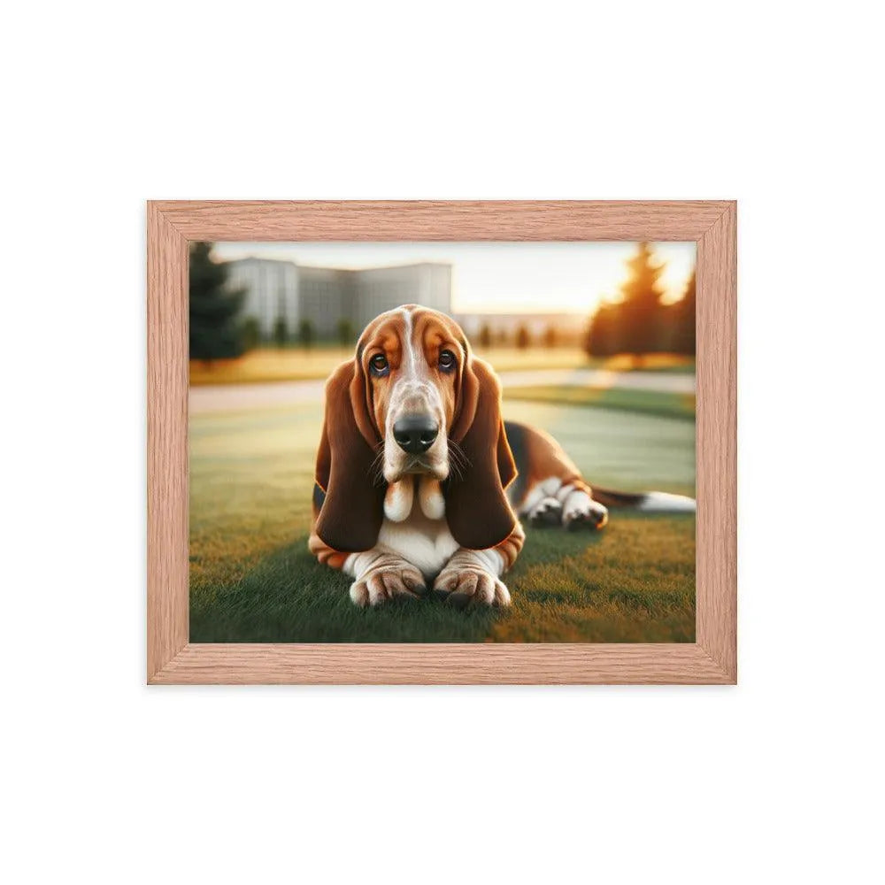 Gentle Basset Hound in Grassy Field Photo Framed Poster - Oh Posters