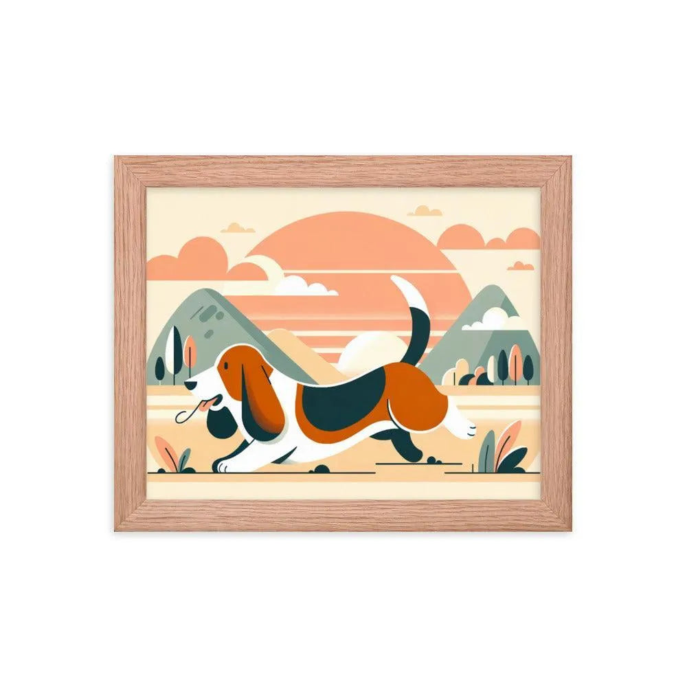 Joyful Basset Hound's Tail Chase Flat Art Framed Poster - Oh Posters