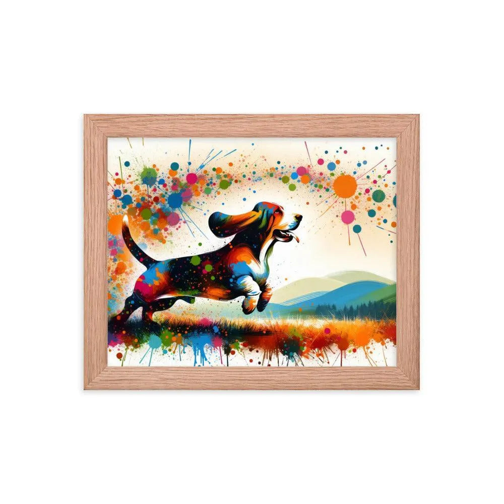 Joyful Basset Hound Playful Splatter Art Framed Poster - Oh Posters