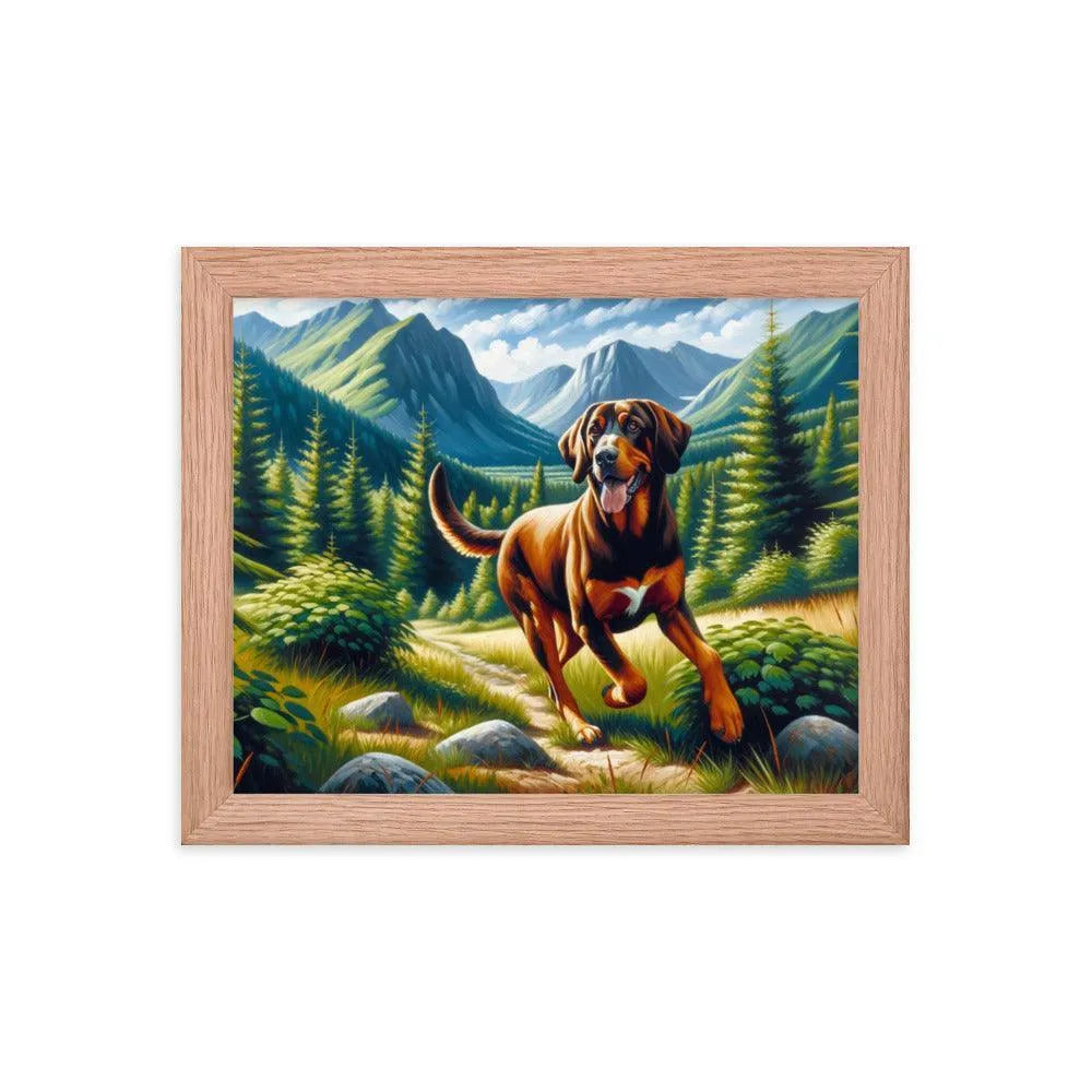 Playful Bavarian Mountain Hound in Mountain Forest Painting Framed Poster - Oh Posters