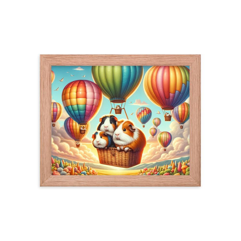 Guinea Pigs Soaring in Colorful Hot Air Balloons Illustration Framed Poster - Oh Posters