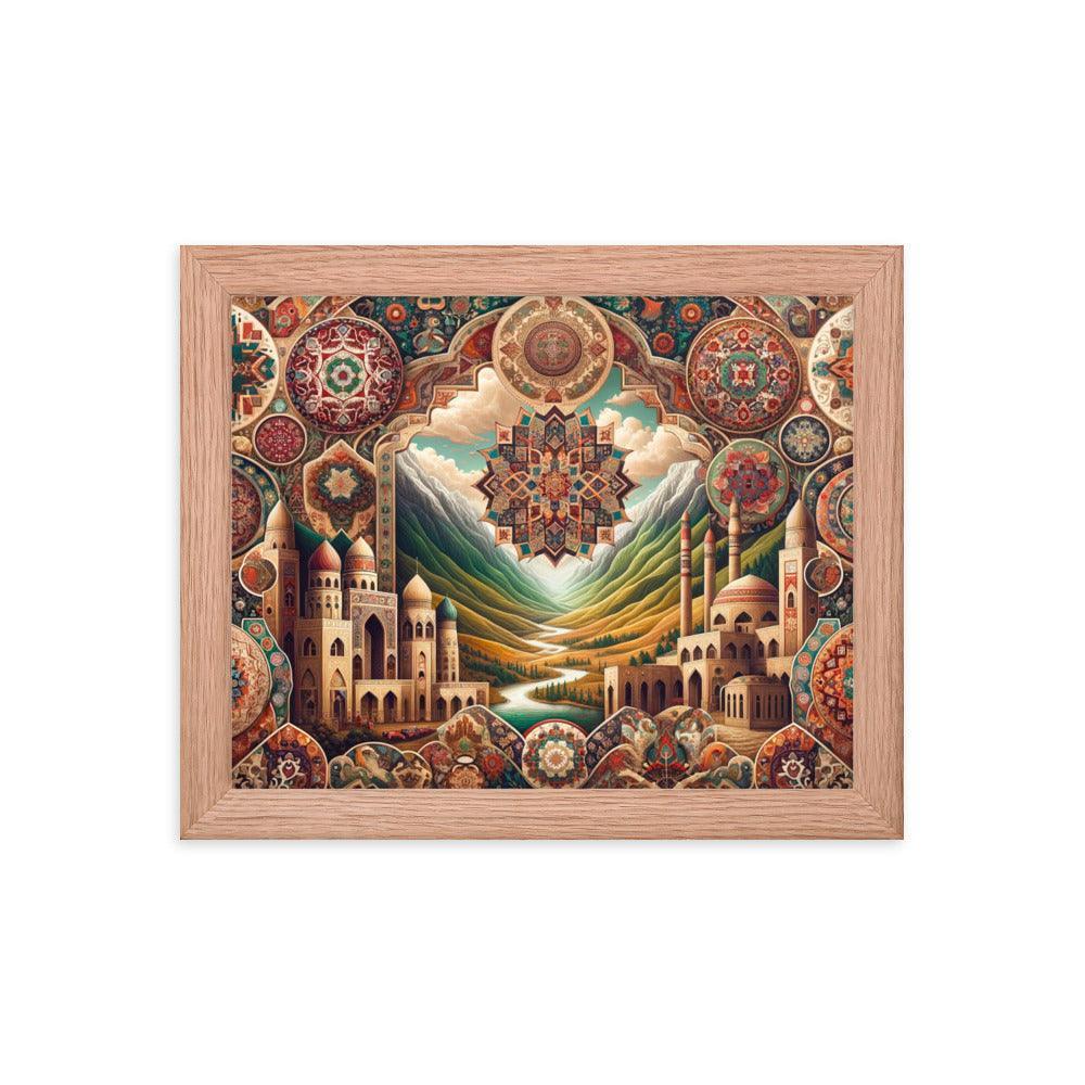 Captivating Azerbaijani Art Essence: Traditional Carpet Designs, Folkloric Symbols & Scenic Landscape Background Framed Poster - Oh Posters