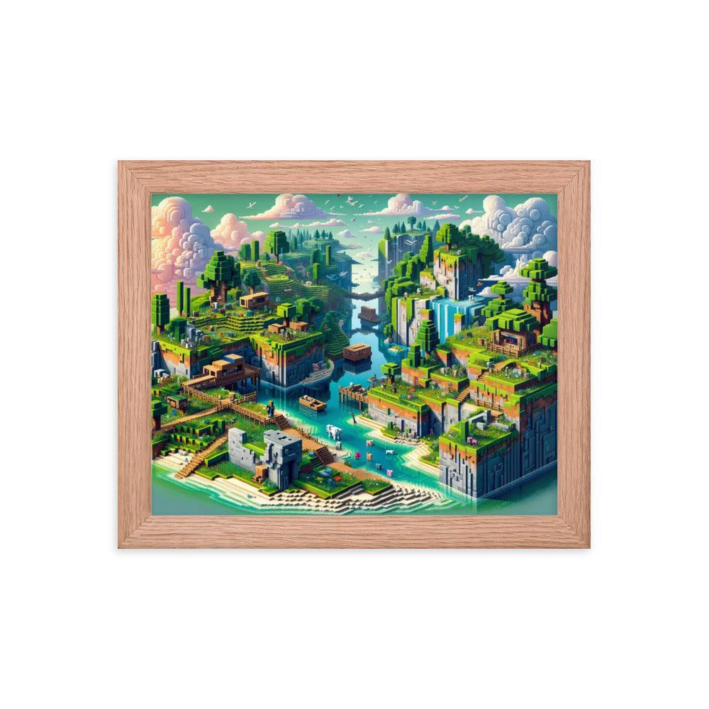 Minecraft Inspired Vibrant Block Landscape Digital Art Framed Poster - Oh Posters